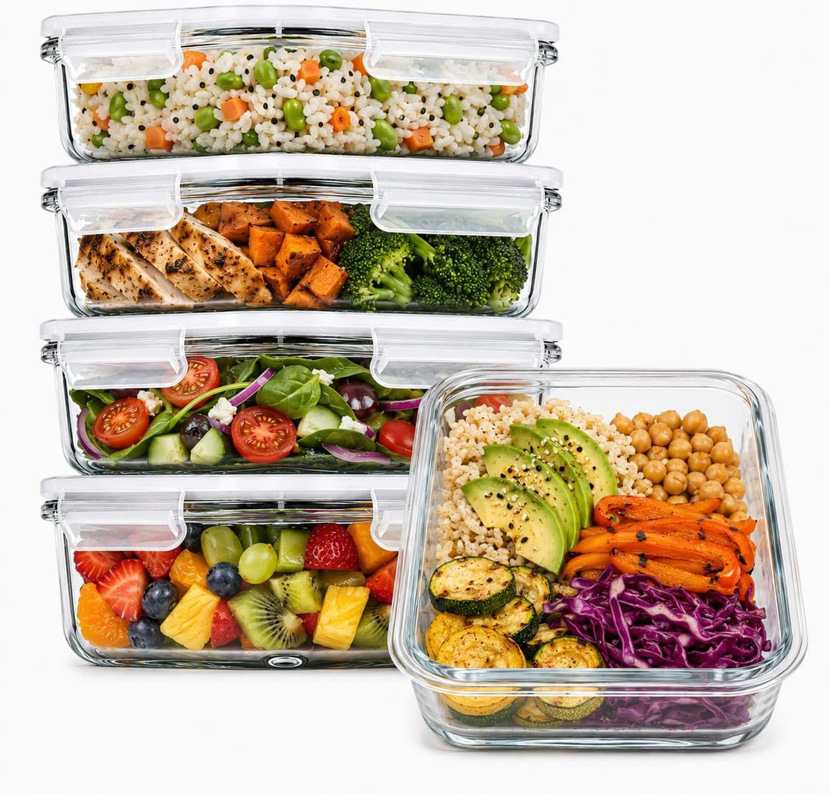 5 Pack 36Oz Glass Containers with Lids - 1 Compartment
