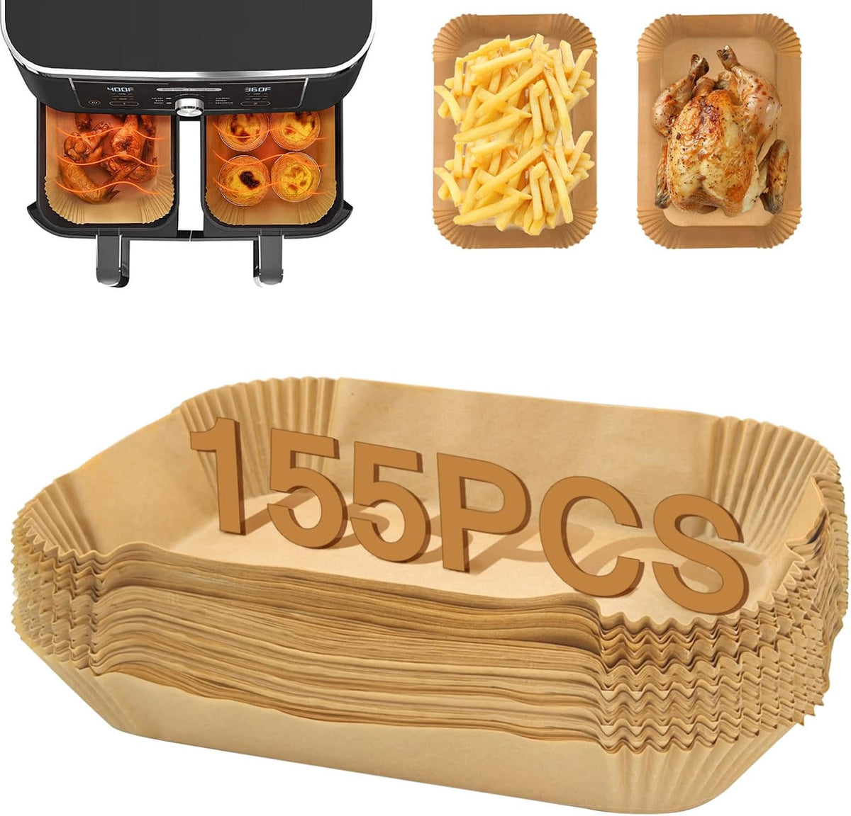 155PC Air Fryer Liners Disposable, Air Fryer Paper Liners for Ninja Air Fryer Dual, Airfryer Food Grade Accessories Compatible with AF300UK AF400UK, Salter, Keplin, Other Dual Airfryer
